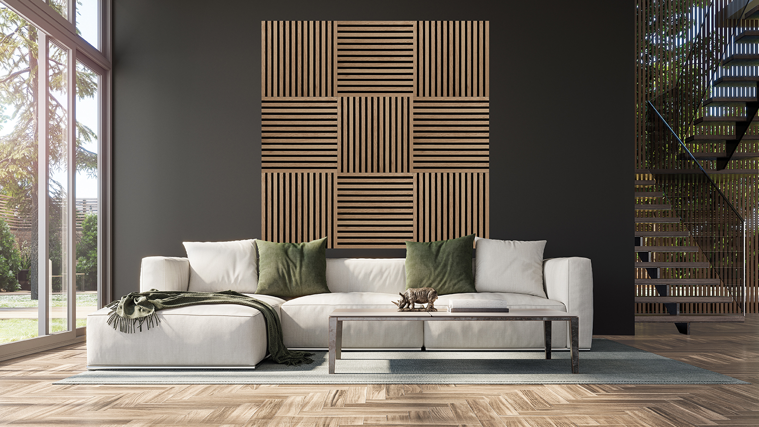 Modern,Interior,Design,With,Staircase,And,Empty,Black,Mock,Up PREMIUM Akustični panel
